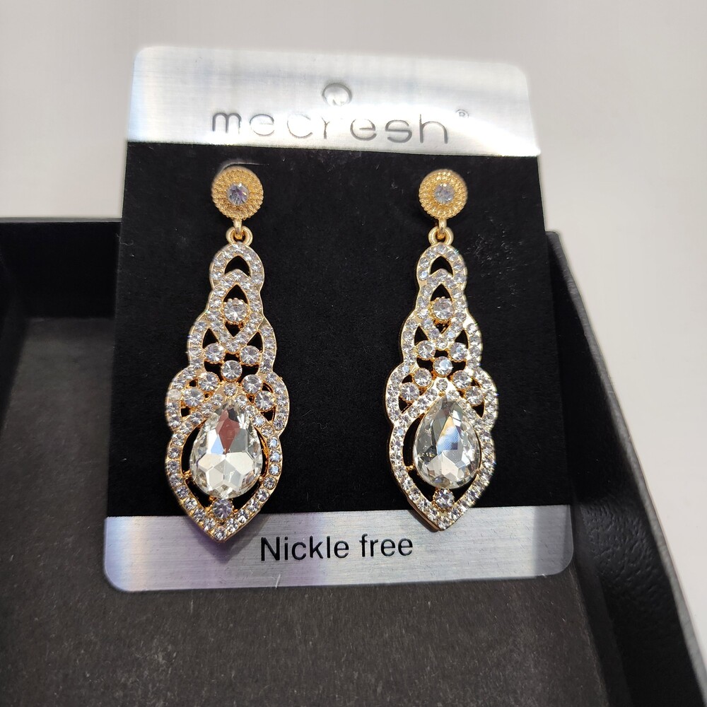 Mecresh Gold Tone Teardrop Crystal Pavé Dangle Chandelier Statement Earrings New